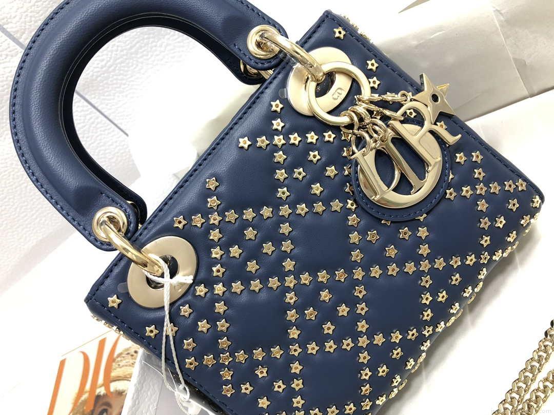 Dior M0505 Mini Dior Lady Bag Navy Blue Metallic Cannage Lambskin with Beaded Embroidery