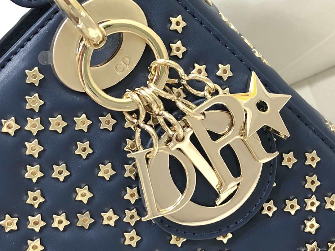 Dior M0505 Mini Dior Lady Bag Navy Blue Metallic Cannage Lambskin with Beaded Embroidery