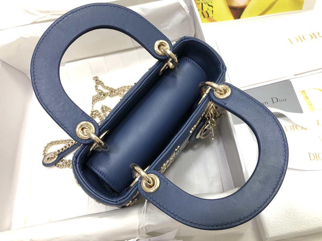 Dior M0505 Mini Dior Lady Bag Navy Blue Metallic Cannage Lambskin with Beaded Embroidery