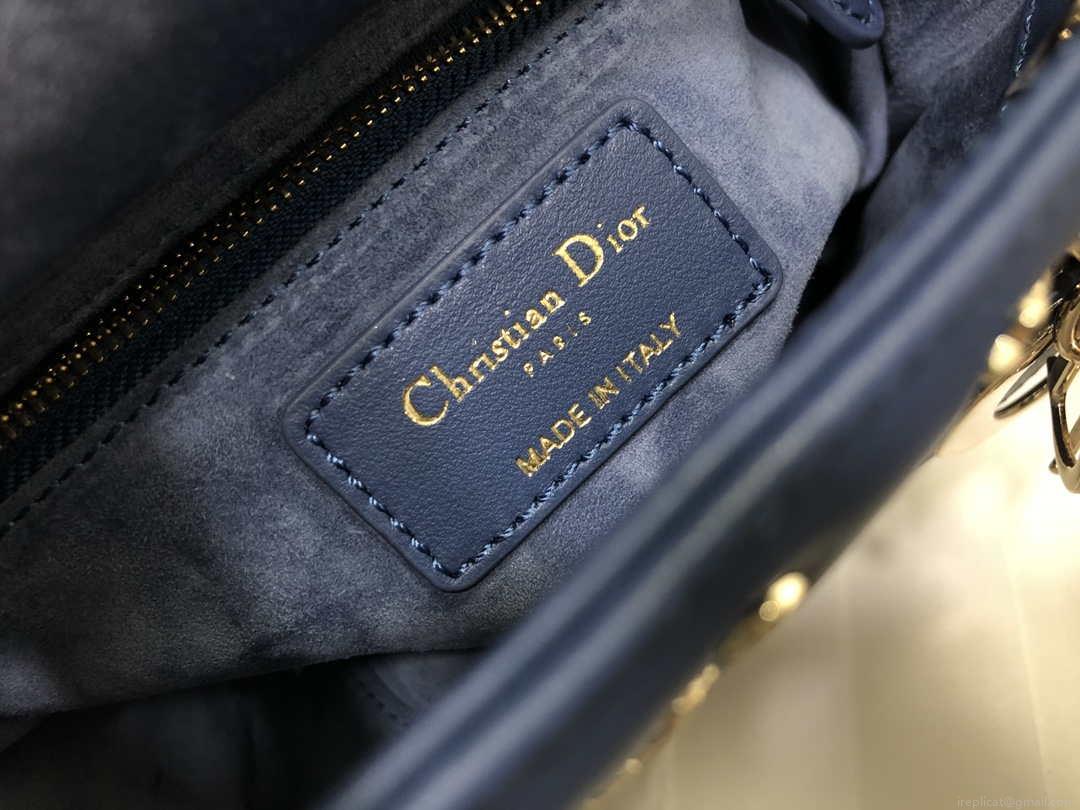 Dior M0505 Mini Dior Lady Bag Navy Blue Metallic Cannage Lambskin with Beaded Embroidery