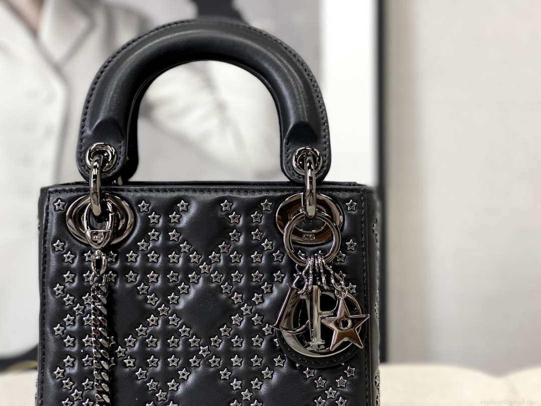 Dior Mini Dior Lady Bag Navy Black Metallic Cannage Lambskin with Beaded Embroidery M0505 Black