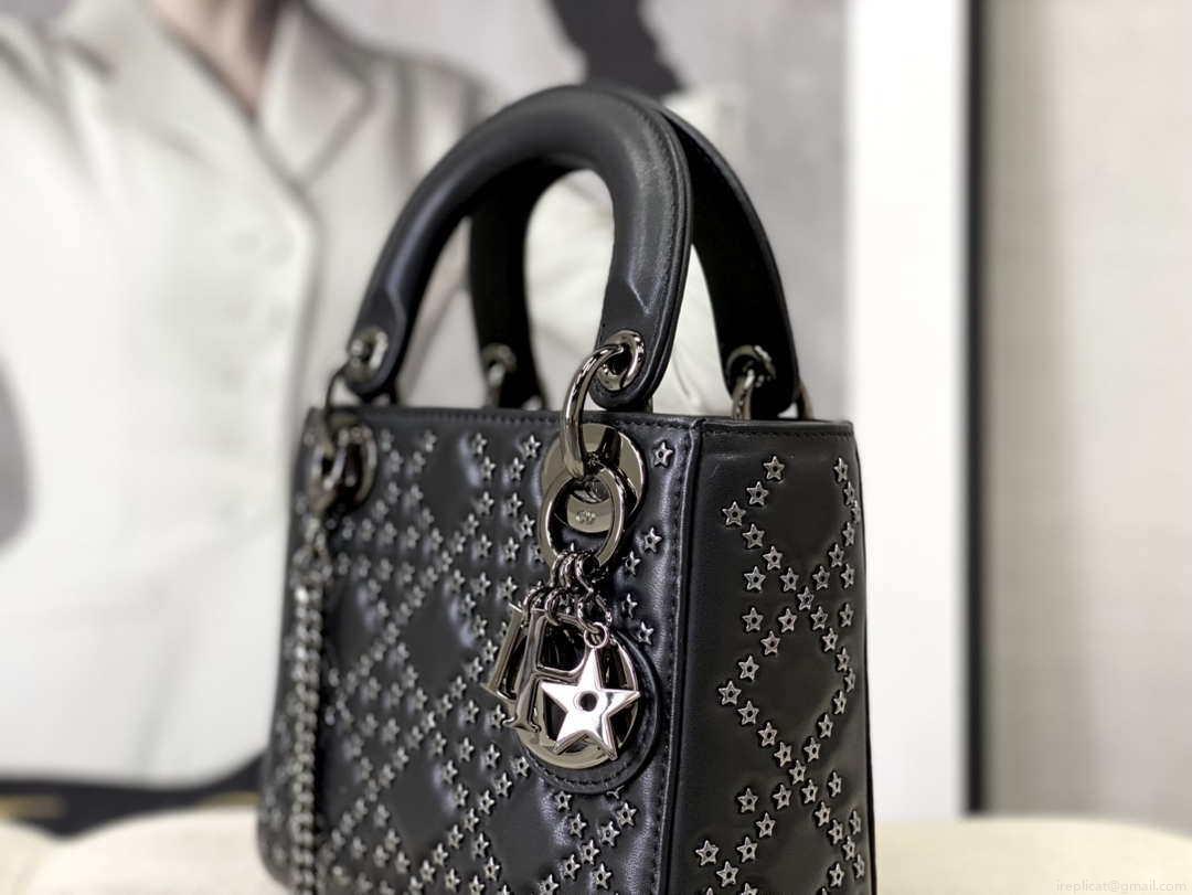 Dior Mini Dior Lady Bag Navy Black Metallic Cannage Lambskin with Beaded Embroidery M0505 Black