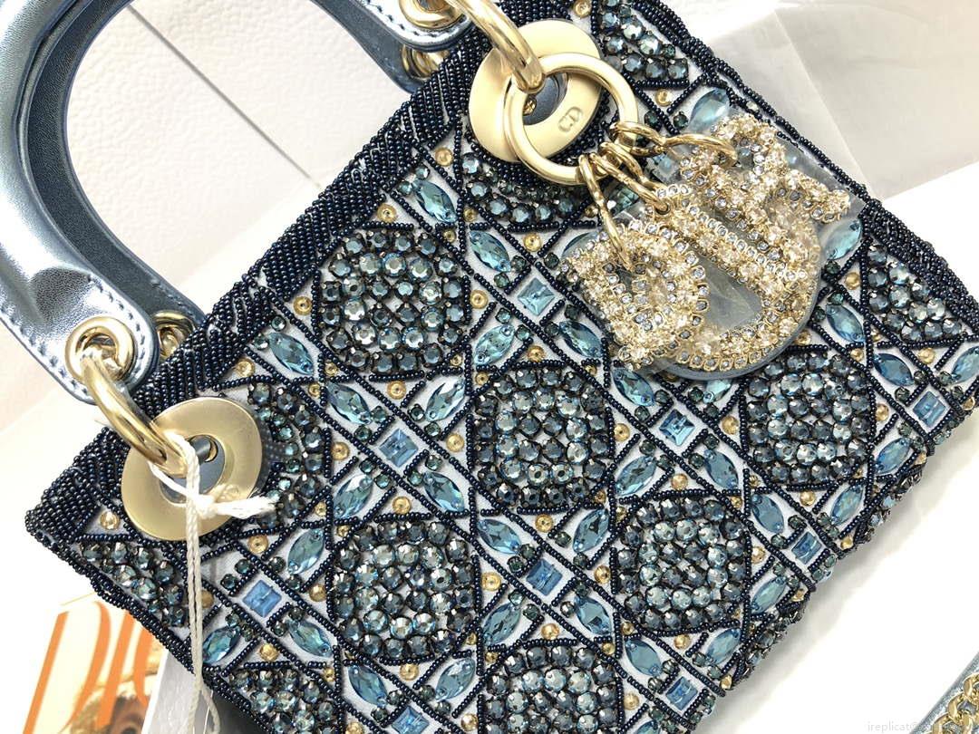 Dior M0505 Mini Dior Lady Bag Metallic Calfskin and Satin with Celestial Blue Bead Embroidery