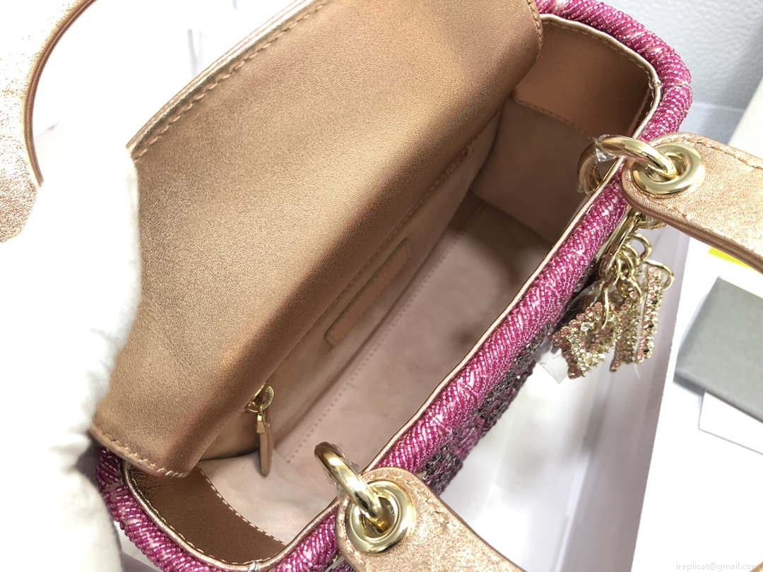 Dior M0505 Mini Dior Lady Bag Metallic Calfskin and Satin with Rose Des Vents Resin Pearl Embroidery