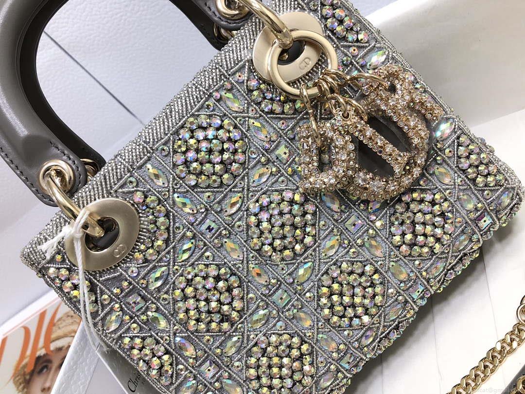 Dior M0505 Mini Dior Lady Bag Metallic Calfskin and Satin with Gray Resin Pearl Embroidery