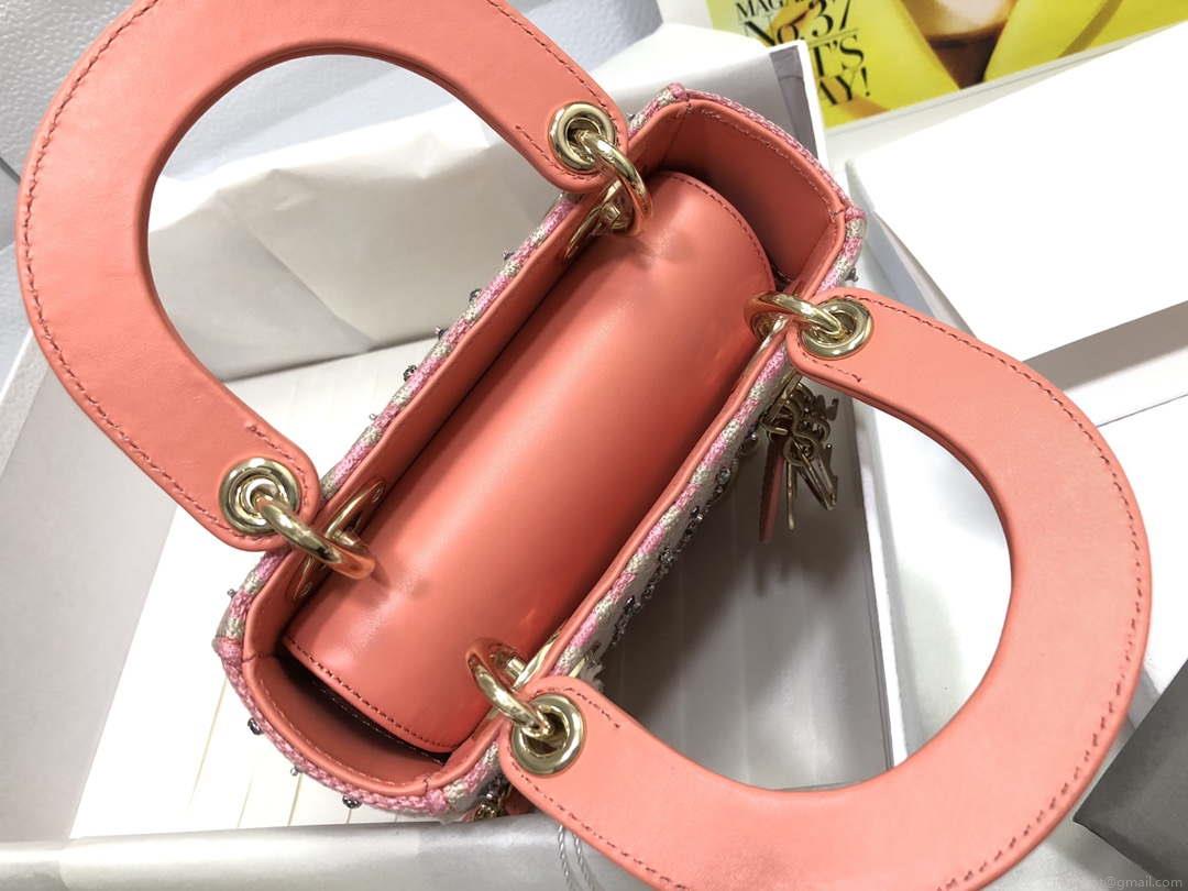 Dior M0505 Mini Dior Lady Bag Pink Metallic Cannage Lambskin with Embroidered Check Beads