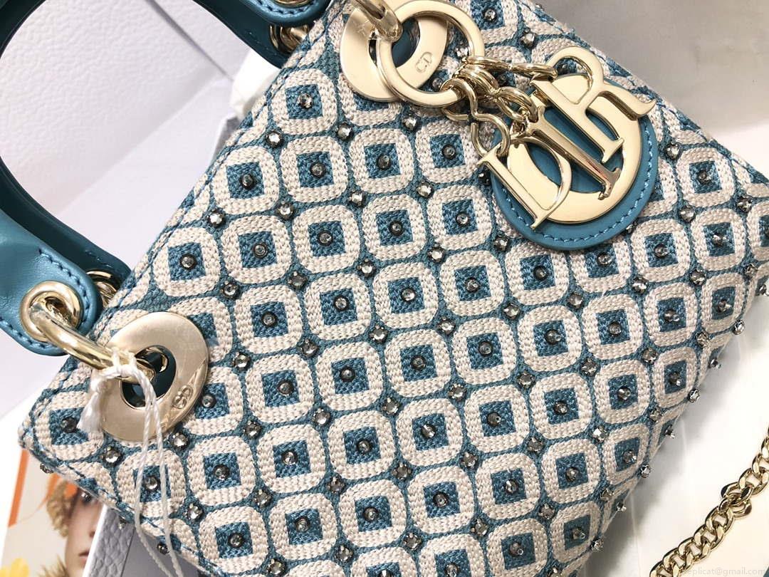 Dior M0505 Mini Dior Lady Bag Blue Metallic Cannage Lambskin with Embroidered Check Beads