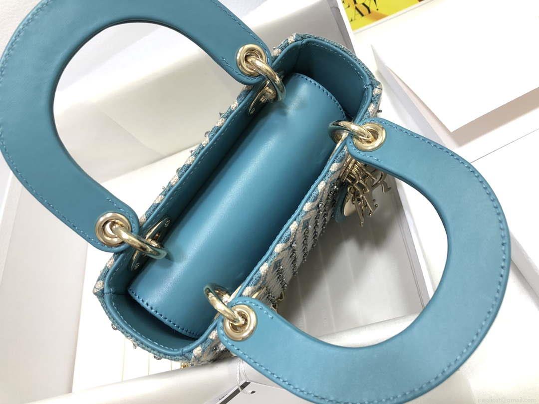 Dior M0505 Mini Dior Lady Bag Blue Metallic Cannage Lambskin with Embroidered Check Beads