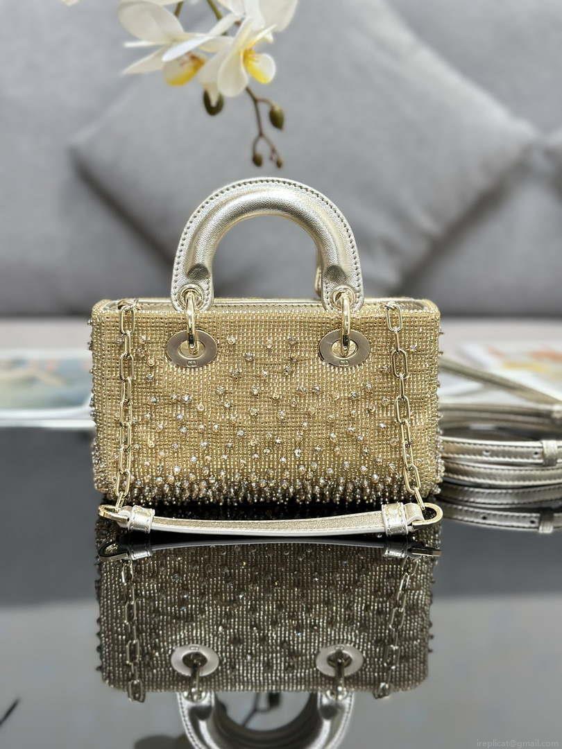 Dior S0910 Micro Lady D-joy Bag Gold-Tone Satin with Gradient Bead Embroidery