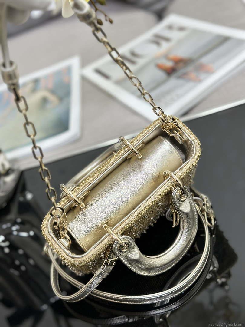 Dior S0910 Micro Lady D-joy Bag Gold-Tone Satin with Gradient Bead Embroidery