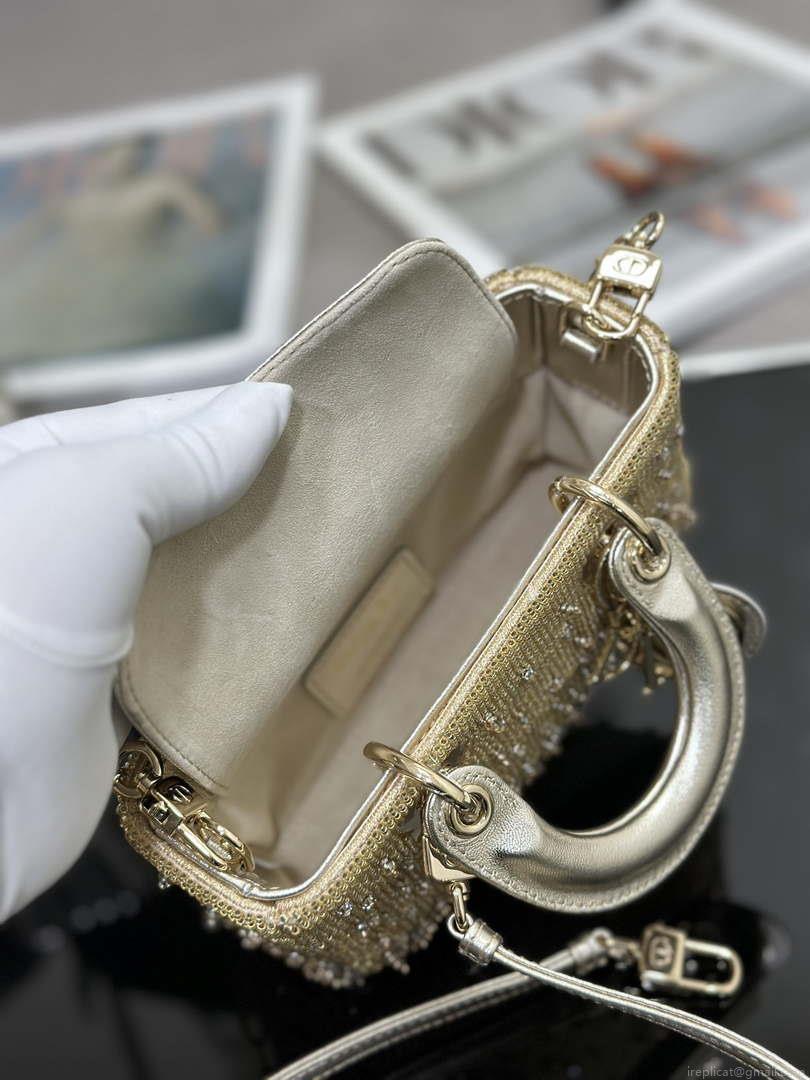 Dior S0910 Micro Lady D-joy Bag Gold-Tone Satin with Gradient Bead Embroidery