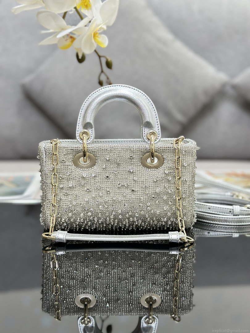 Dior S0910 Micro Lady D-joy Bag Silver-Tone Satin with Gradient Bead Embroidery