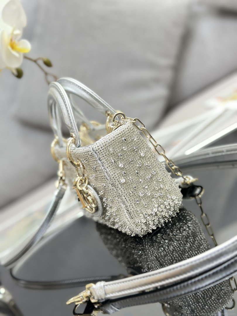 Dior S0910 Micro Lady D-joy Bag Silver-Tone Satin with Gradient Bead Embroidery