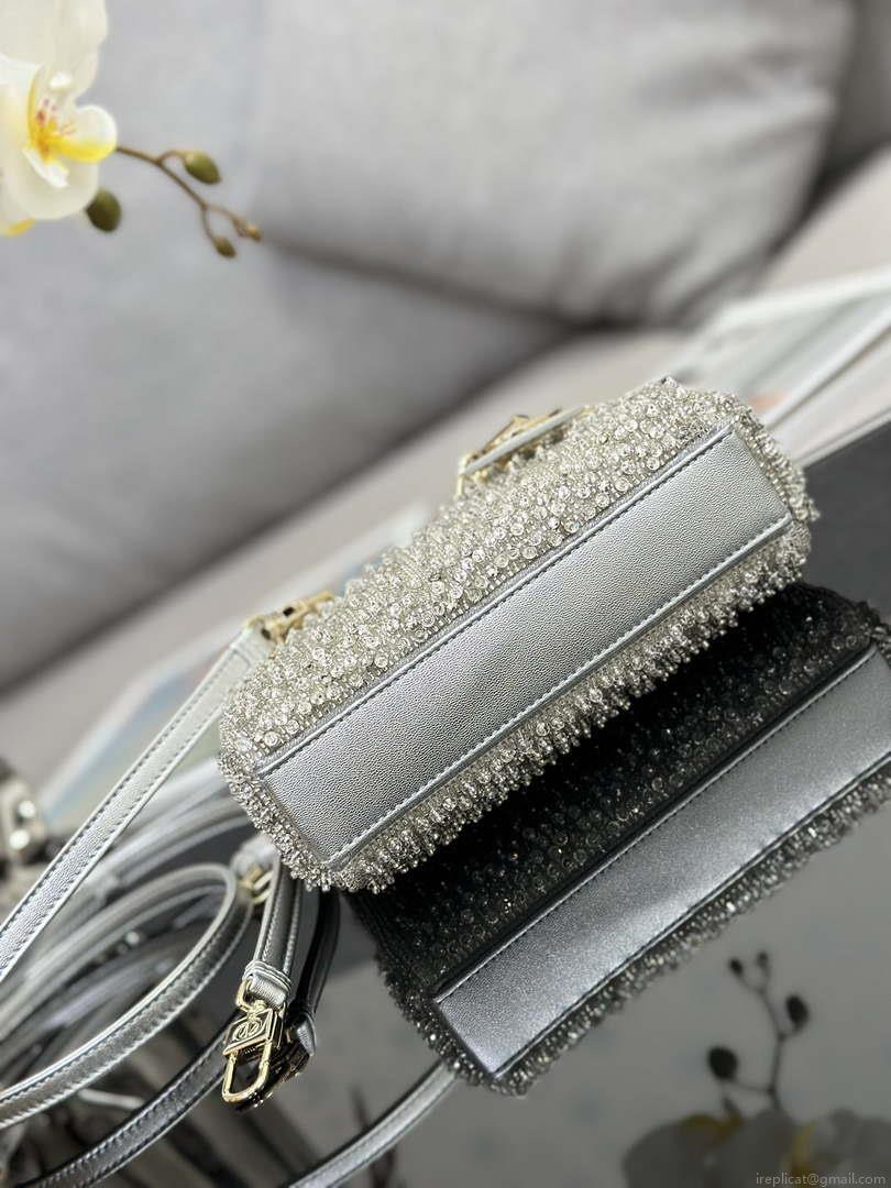 Dior S0910 Micro Lady D-joy Bag Silver-Tone Satin with Gradient Bead Embroidery