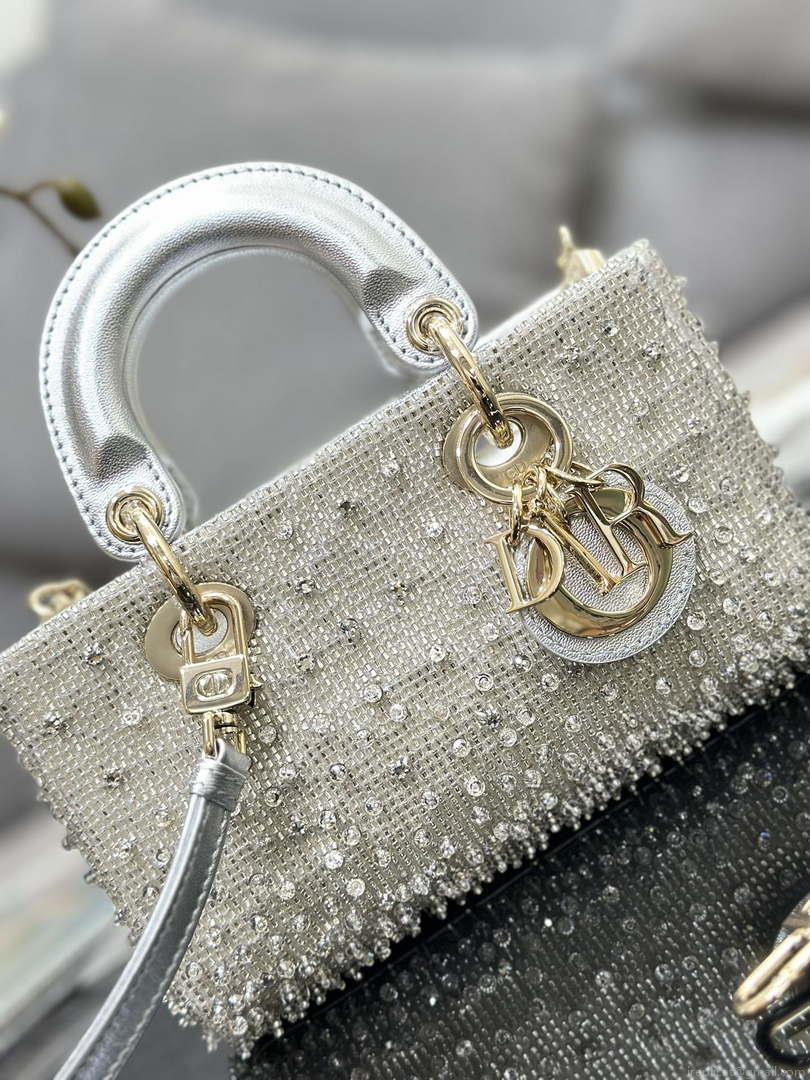 Dior S0910 Micro Lady D-joy Bag Silver-Tone Satin with Gradient Bead Embroidery