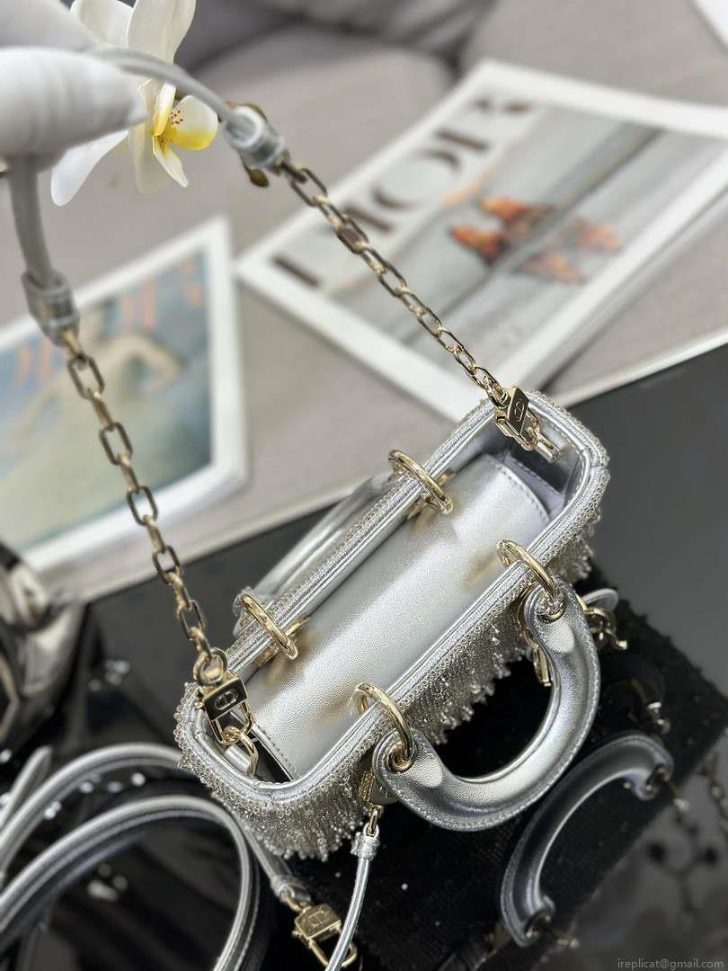 Dior S0910 Micro Lady D-joy Bag Silver-Tone Satin with Gradient Bead Embroidery