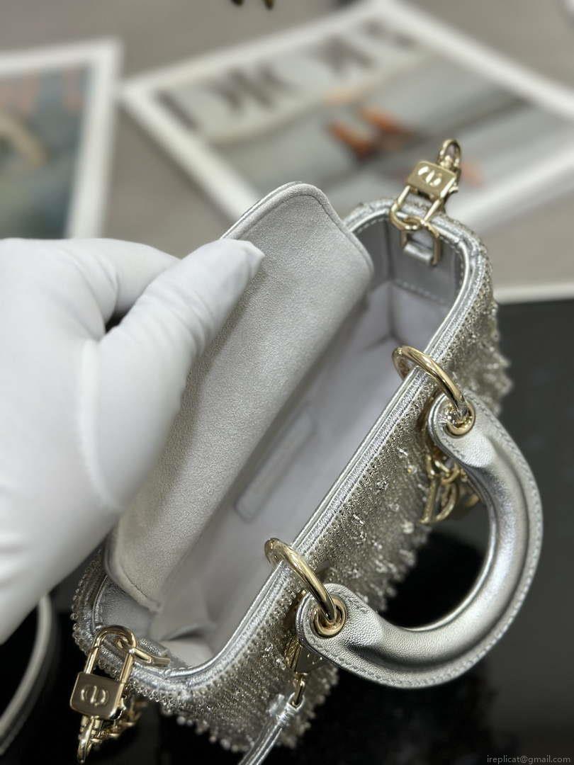 Dior S0910 Micro Lady D-joy Bag Silver-Tone Satin with Gradient Bead Embroidery