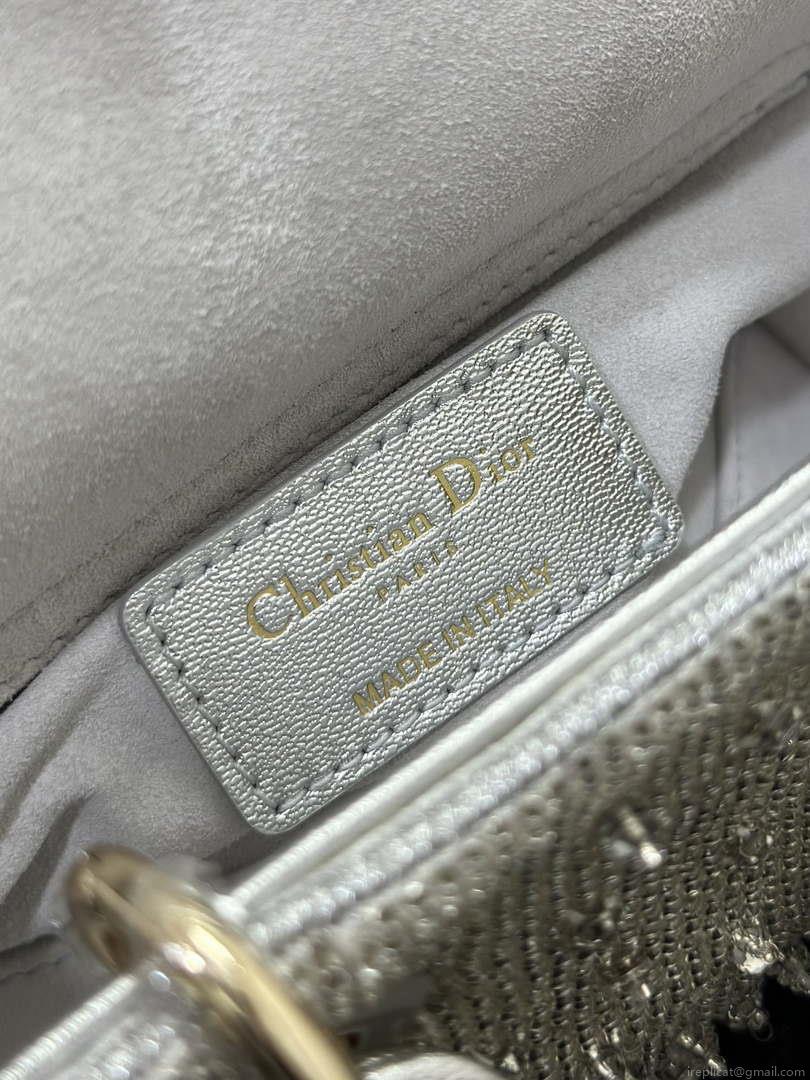 Dior S0910 Micro Lady D-joy Bag Silver-Tone Satin with Gradient Bead Embroidery