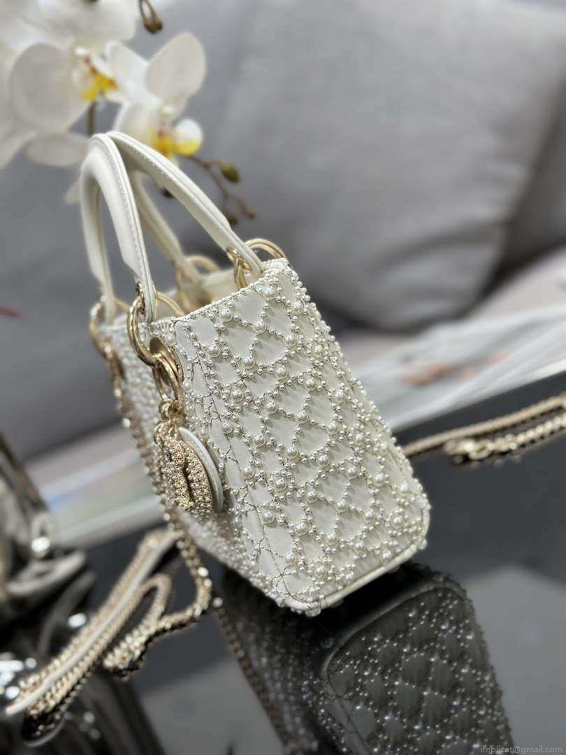 Dior M0505 Mini Lady Bag White Embroidered half pearl