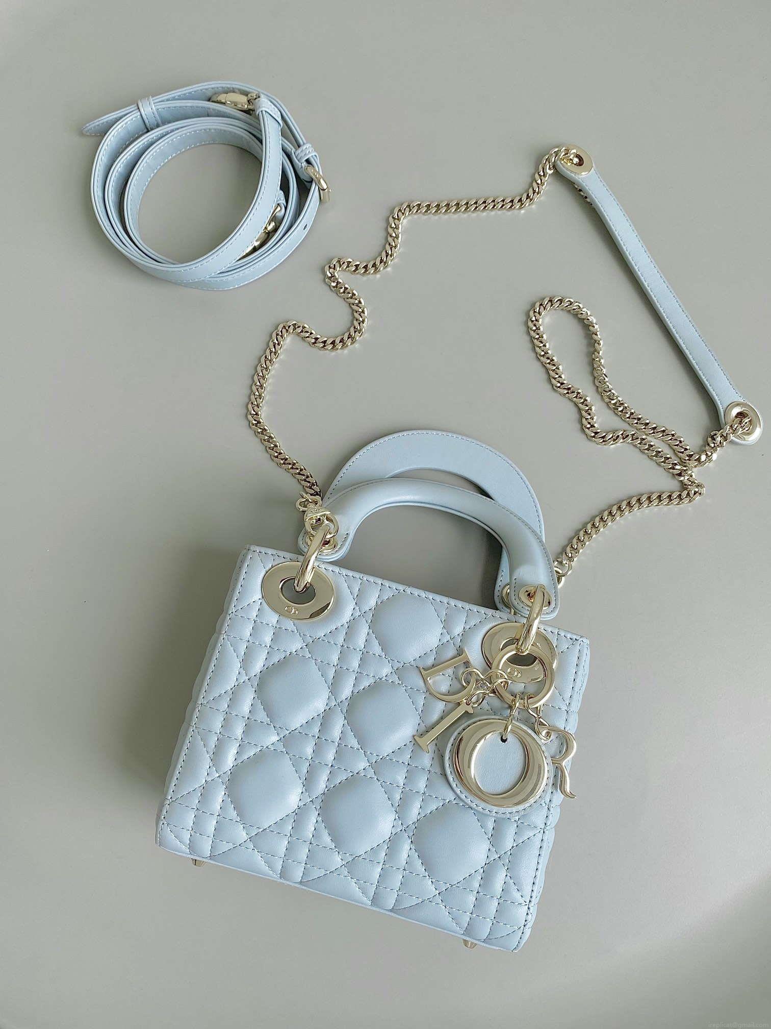 Dior M0505 Mini Dior Lady Bag Lake Blue Metallic Cannage Lambskin
