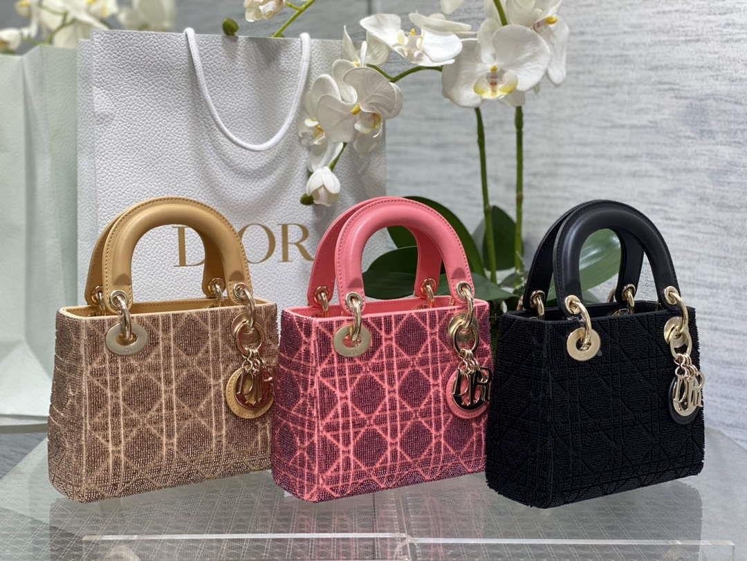 Dior M0505 Mini Lady Bag Metallic Cannage Lambskin Limited Edition Heavy Industry Beads Red