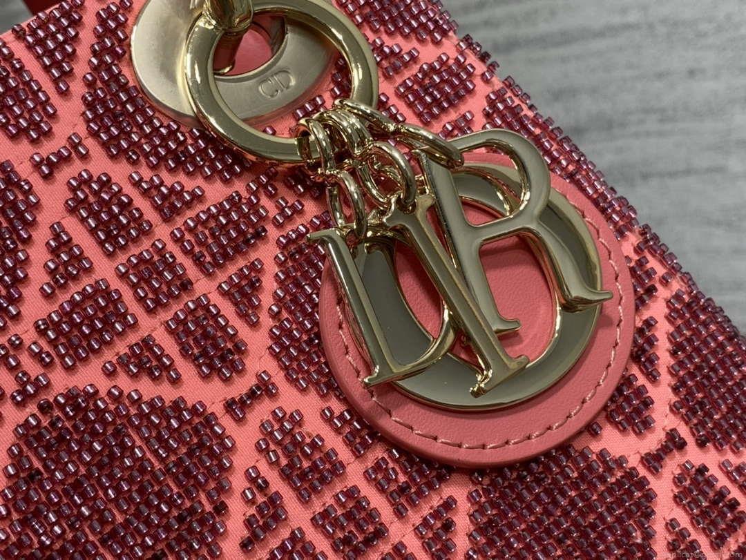 Dior M0505 Mini Lady Bag Metallic Cannage Lambskin Limited Edition Heavy Industry Beads Red