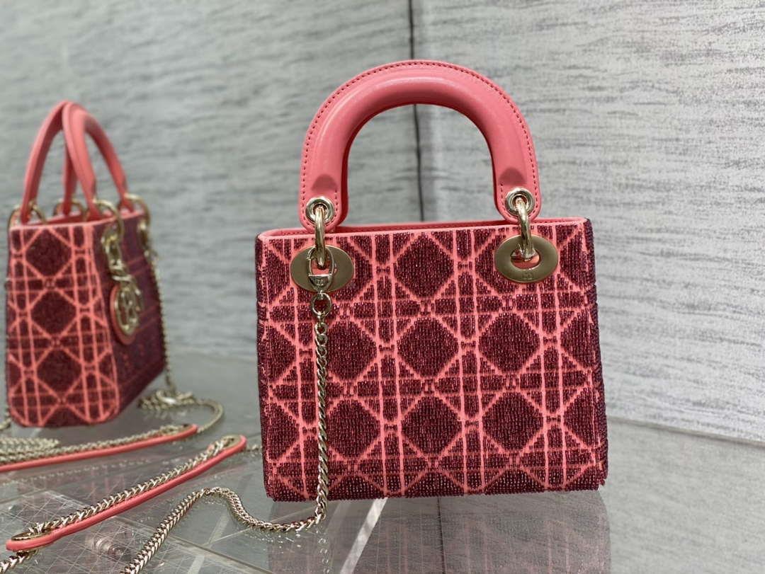 Dior M0505 Mini Lady Bag Metallic Cannage Lambskin Limited Edition Heavy Industry Beads Red
