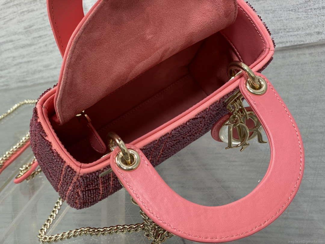 Dior M0505 Mini Lady Bag Metallic Cannage Lambskin Limited Edition Heavy Industry Beads Red