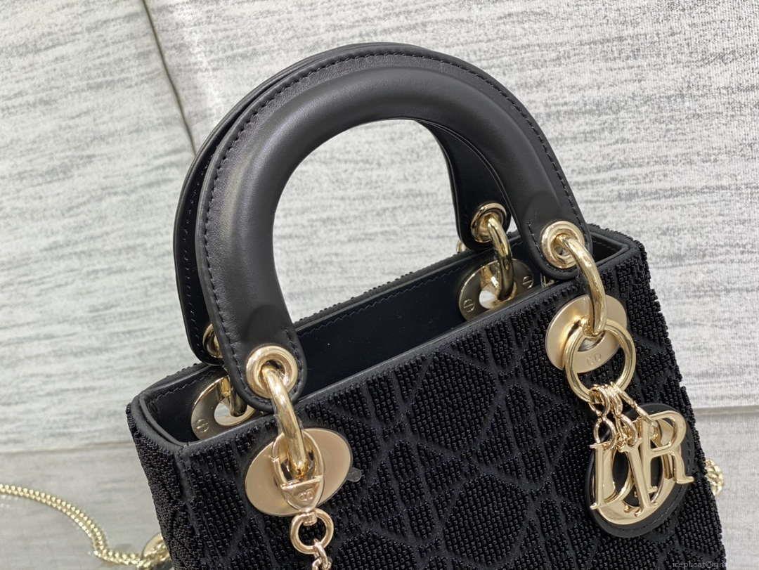 Dior M0505 Mini Lady Bag Metallic Cannage Lambskin Limited Edition Heavy Industry Beads Black