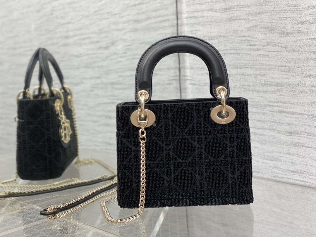 Dior M0505 Mini Lady Bag Metallic Cannage Lambskin Limited Edition Heavy Industry Beads Black
