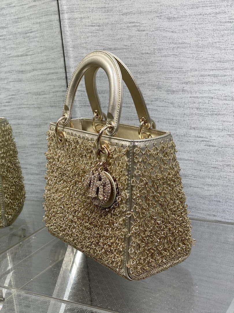 Dior M0565 Medium Lady D-Life Bag Beaded crystal pendant embroidered Gold