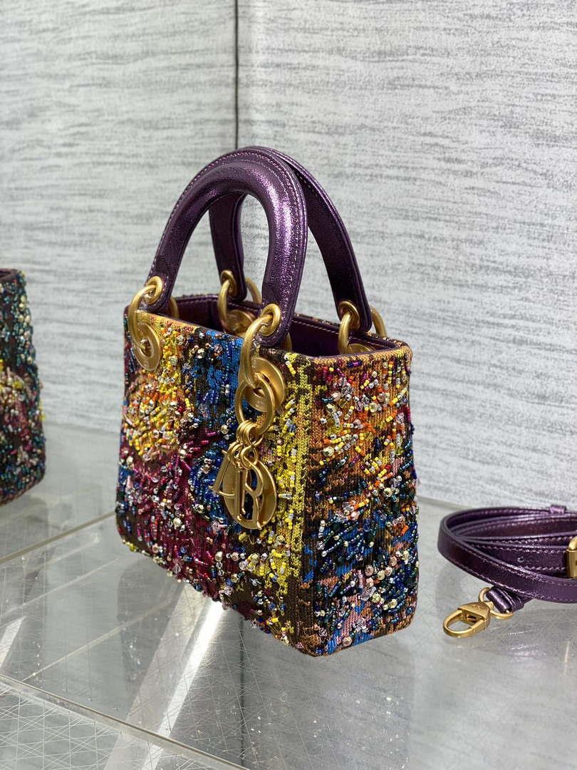 Dior M0505 Mini Lady Bag Metallic Cannage Lambskin Limited Edition Heavy Industry Beads Purple