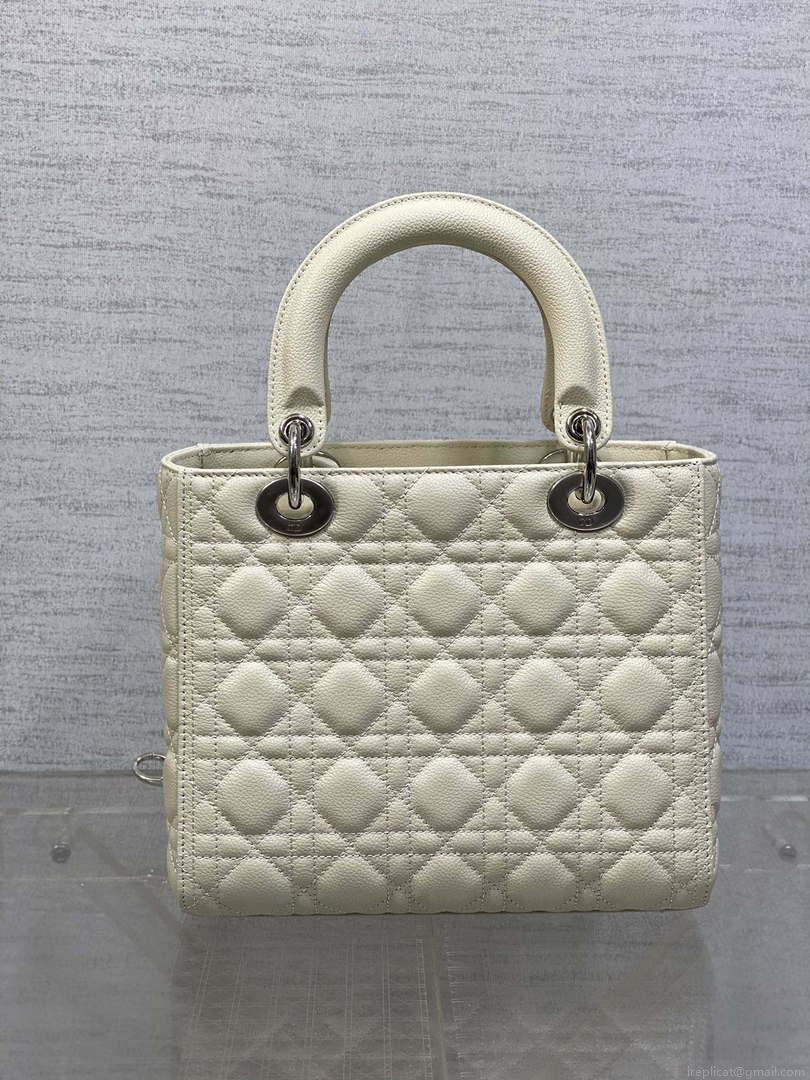 Dior M0565 Medium Lady Dior Bag Beige Grained Cannage Calfskin Silver