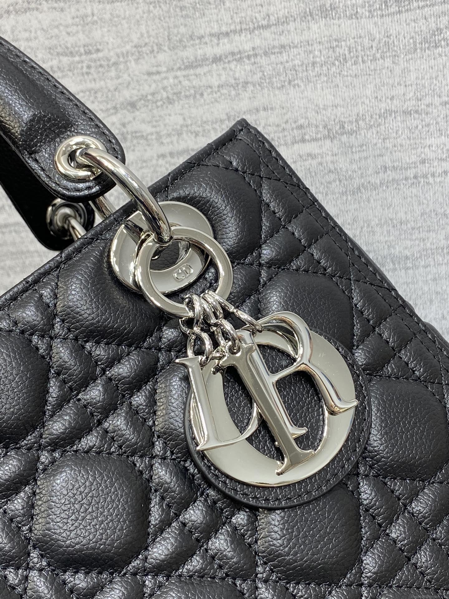Dior M0565 Medium Lady Dior Bag Black Grained Cannage Calfskin Silver