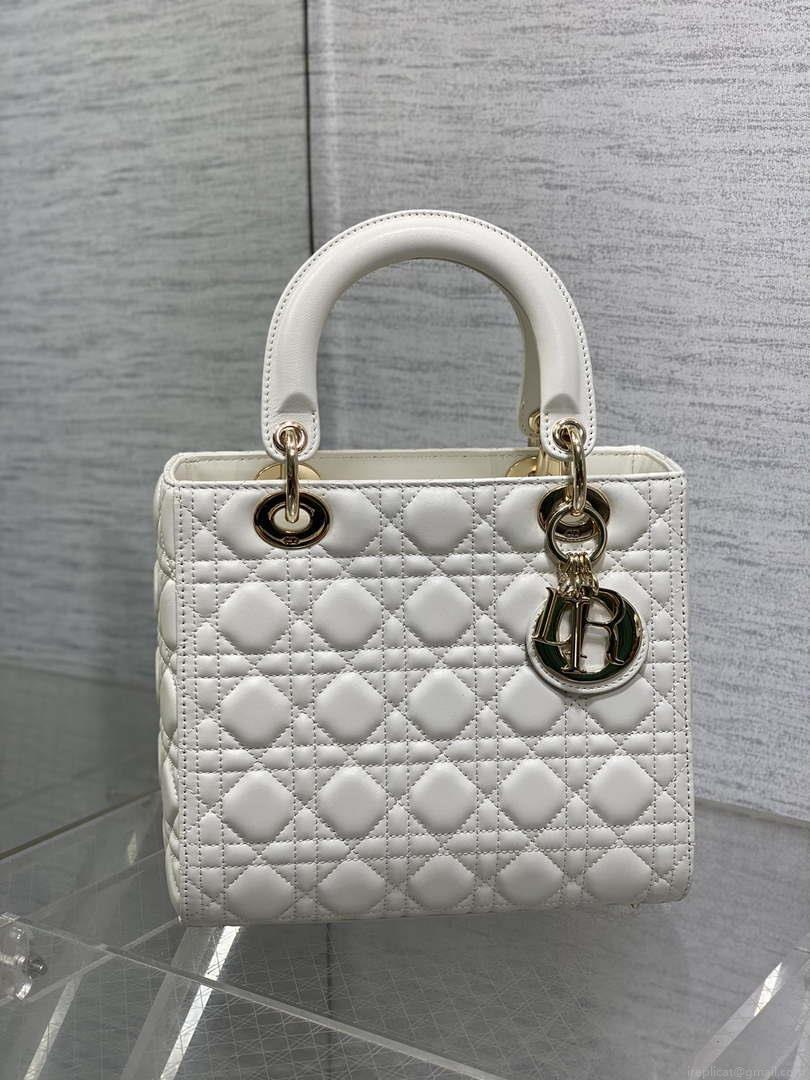 Dior M0565 Medium Lady Dior Bag White Cannage Lambskin Gold