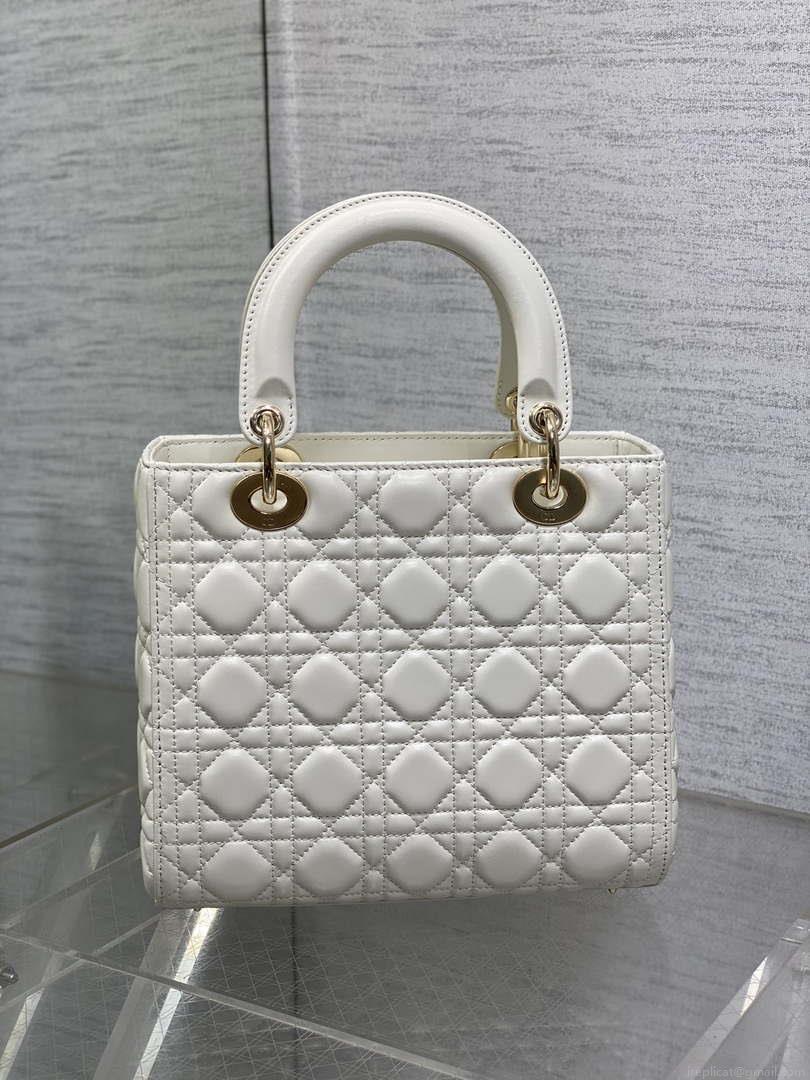 Dior M0565 Medium Lady Dior Bag White Cannage Lambskin Gold