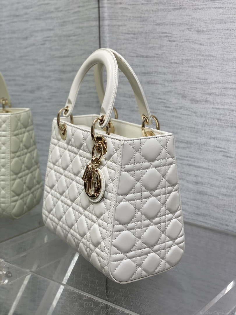 Dior M0565 Medium Lady Dior Bag White Cannage Lambskin Gold