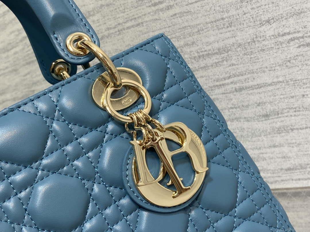 Dior M0565 Medium Lady Dior Bag Blue Cannage Lambskin Gold