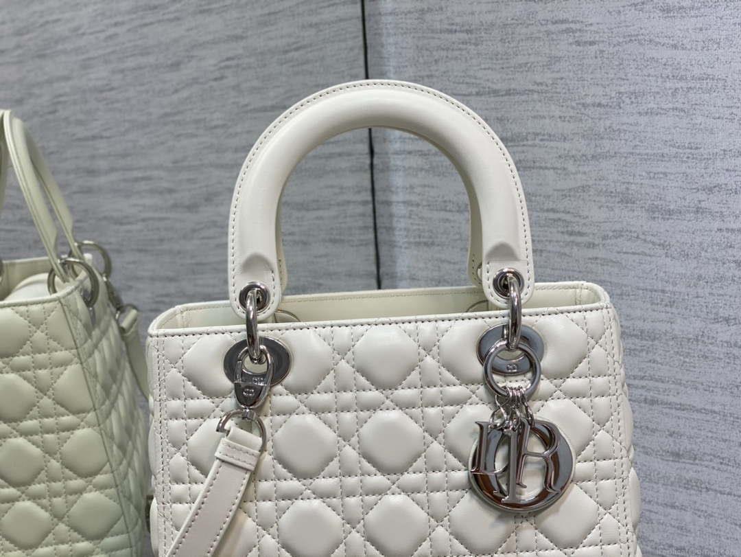 Dior M0565 Medium Lady Dior Bag White Cannage Lambskin Silver