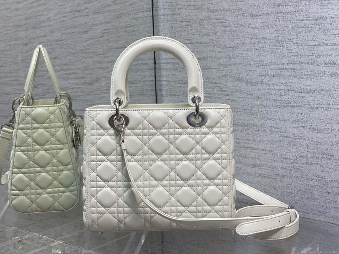 Dior M0565 Medium Lady Dior Bag White Cannage Lambskin Silver