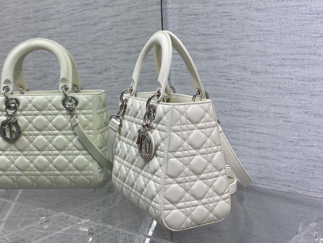 Dior M0565 Medium Lady Dior Bag White Cannage Lambskin Silver