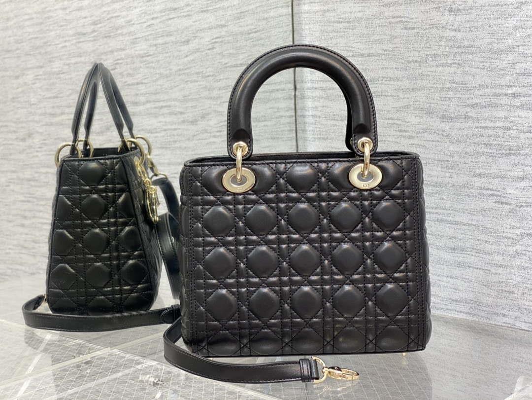 Dior M0565 Medium Lady Dior Bag Black Cannage Lambskin Enamel Hardware