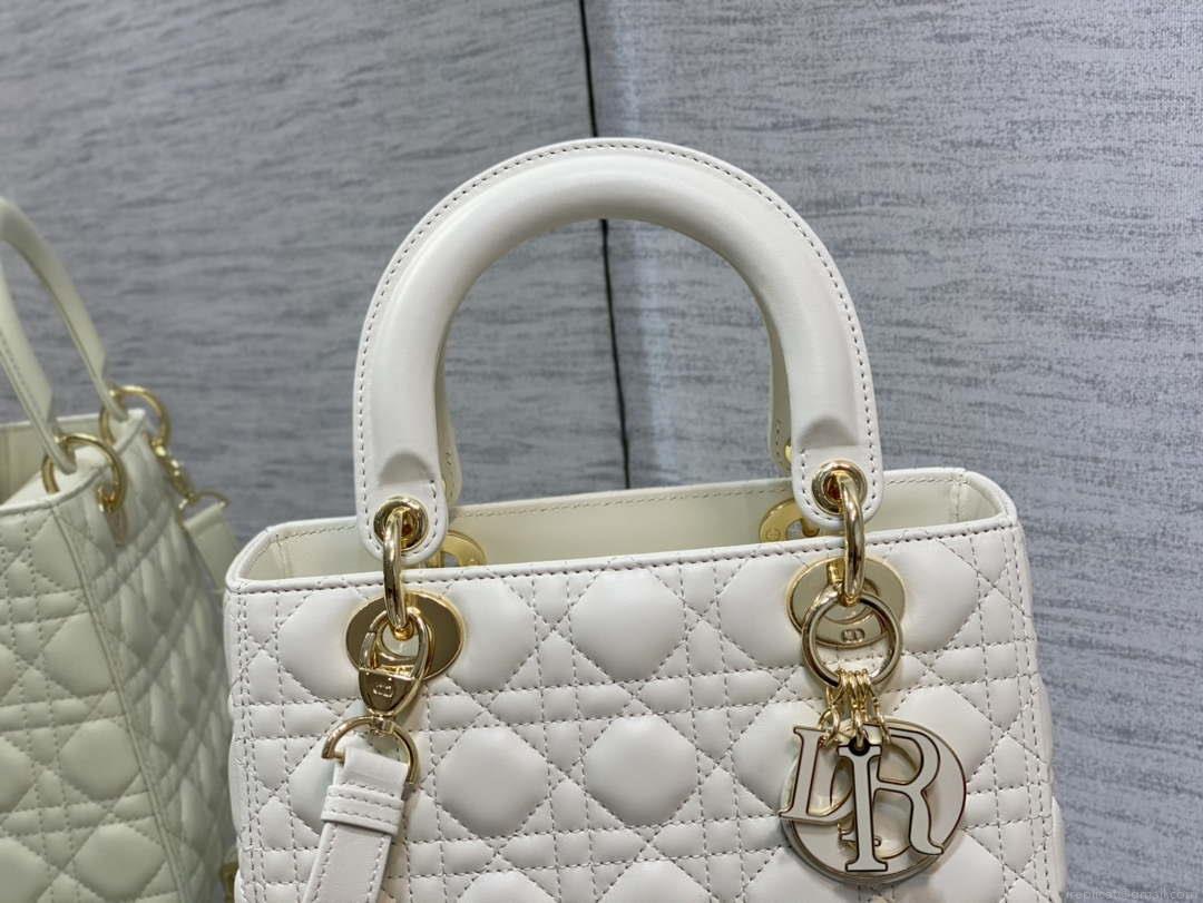 Dior M0565 Medium Lady Dior Bag White Cannage Lambskin Enamel Hardware