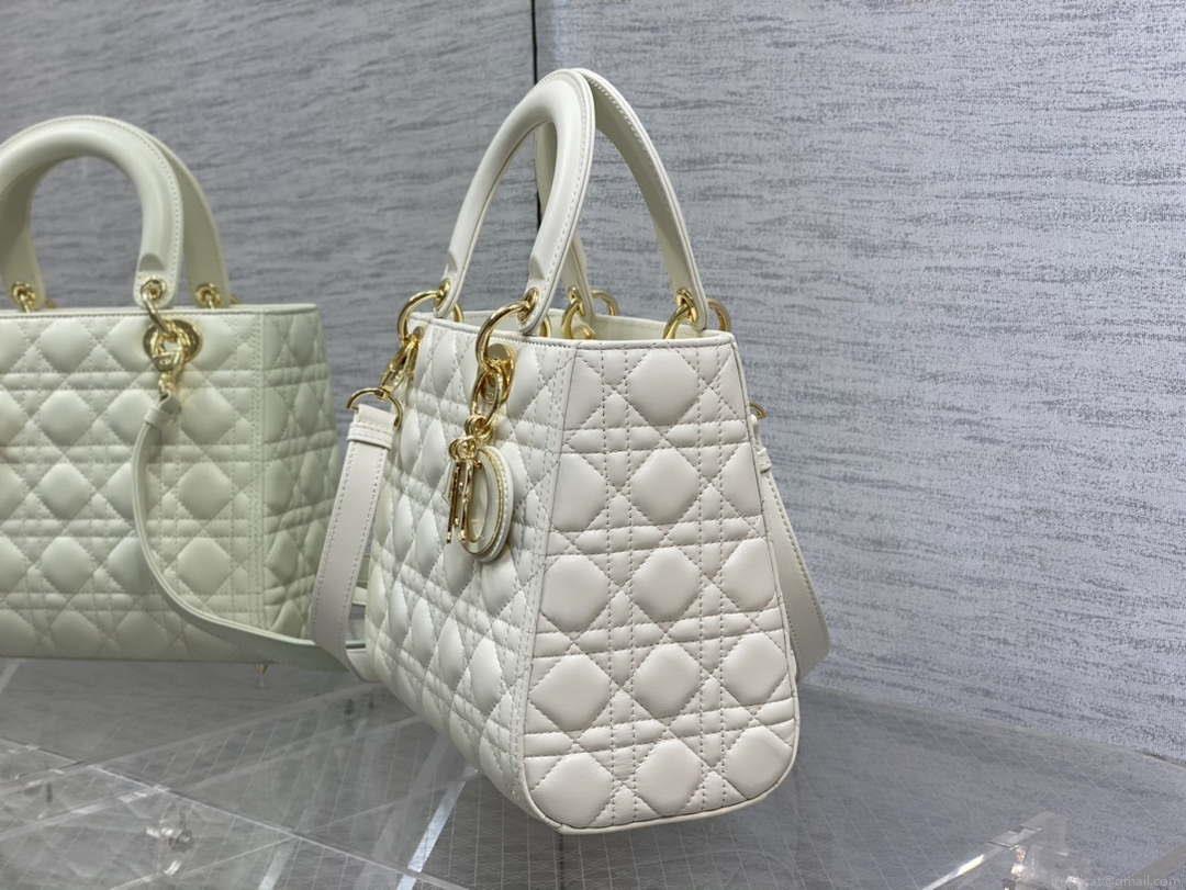 Dior M0565 Medium Lady Dior Bag White Cannage Lambskin Enamel Hardware