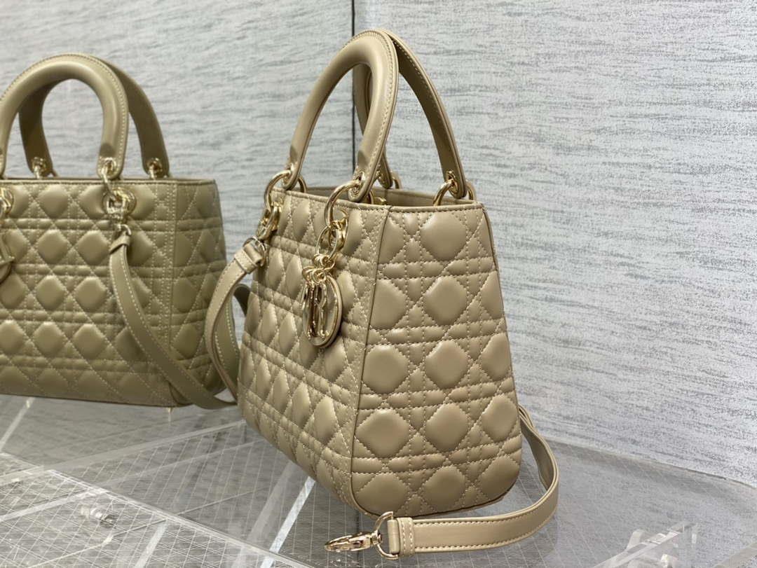 Dior M0565 Medium Lady Dior Bag Mike Tea Cannage Lambskin Enamel Hardware