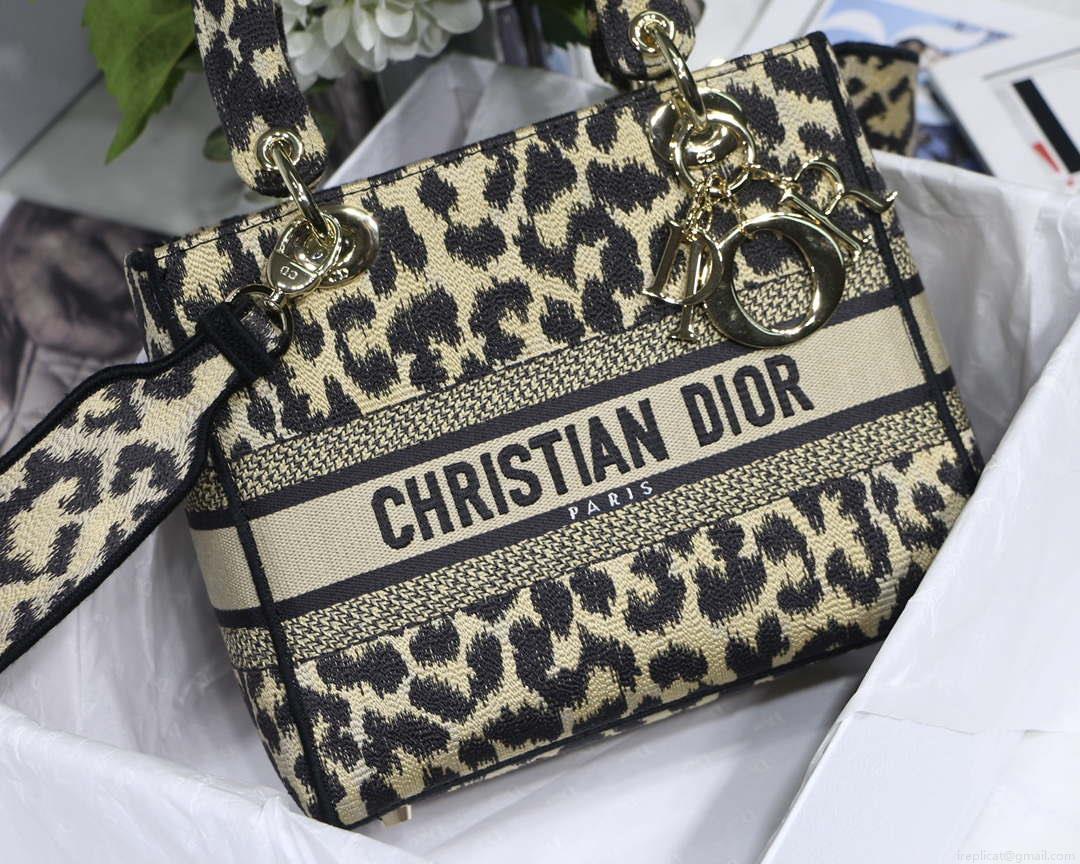 Dior M0565 Medium Lady D-Lite Bag Beige and Black Mizza Embroidery