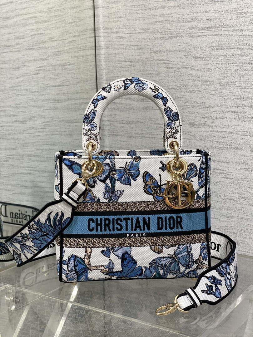 Dior M0565 Medium Lady D-Lite White and Pastel Midnight Blue Toile de Jouy Mexico M1039