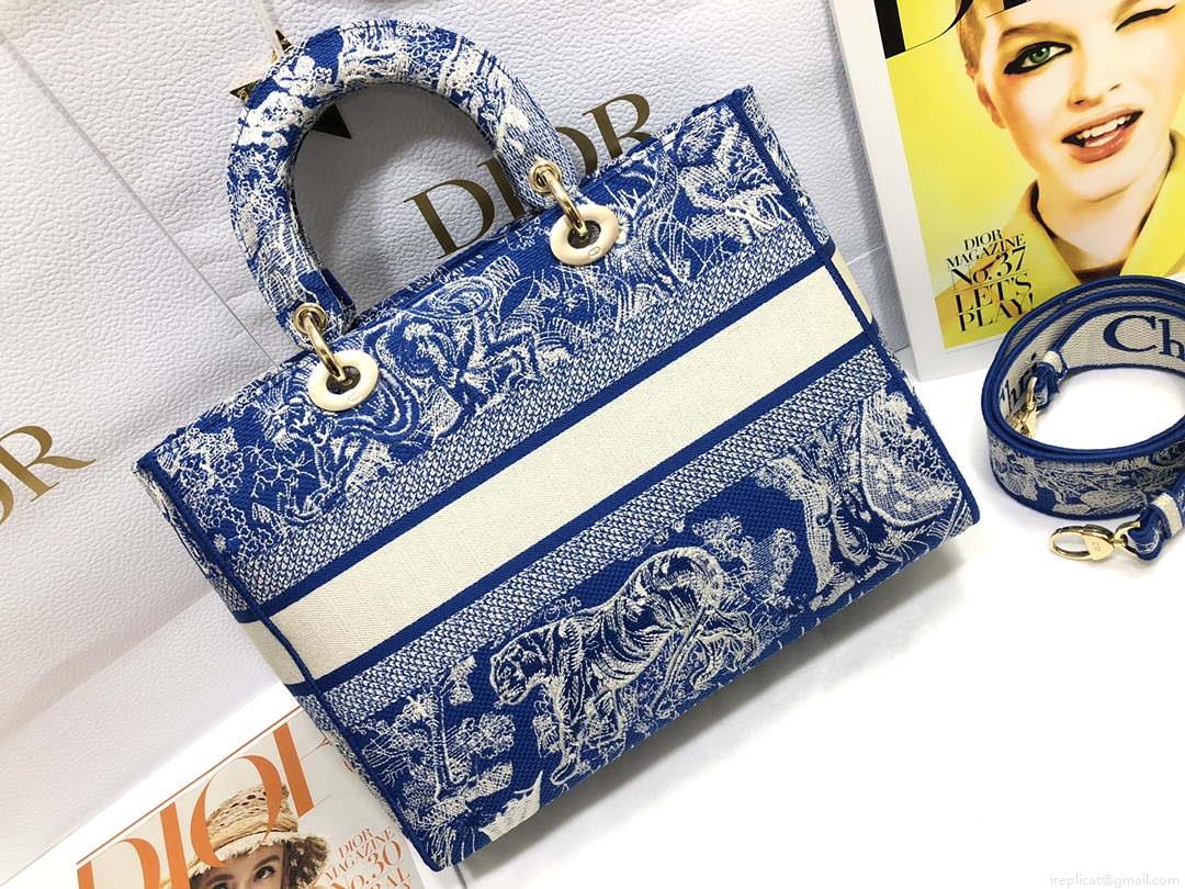 Dior M0566 Large Lady D-Lite Blue Toile de Jouy Embroidery M1053