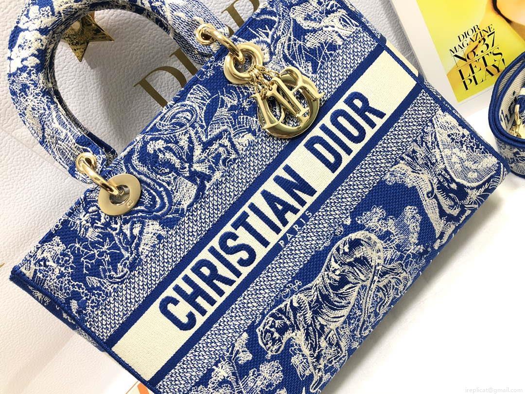 Dior M0566 Large Lady D-Lite Blue Toile de Jouy Embroidery M1053