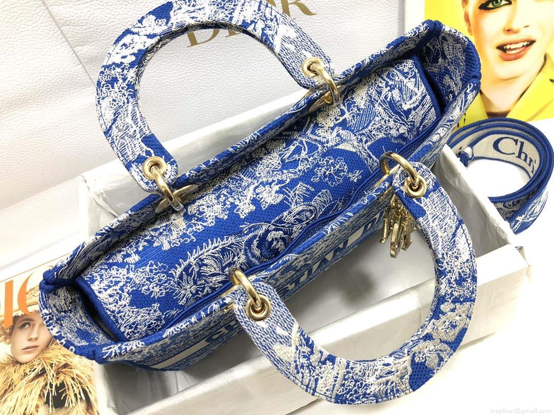 Dior M0566 Large Lady D-Lite Blue Toile de Jouy Embroidery M1053